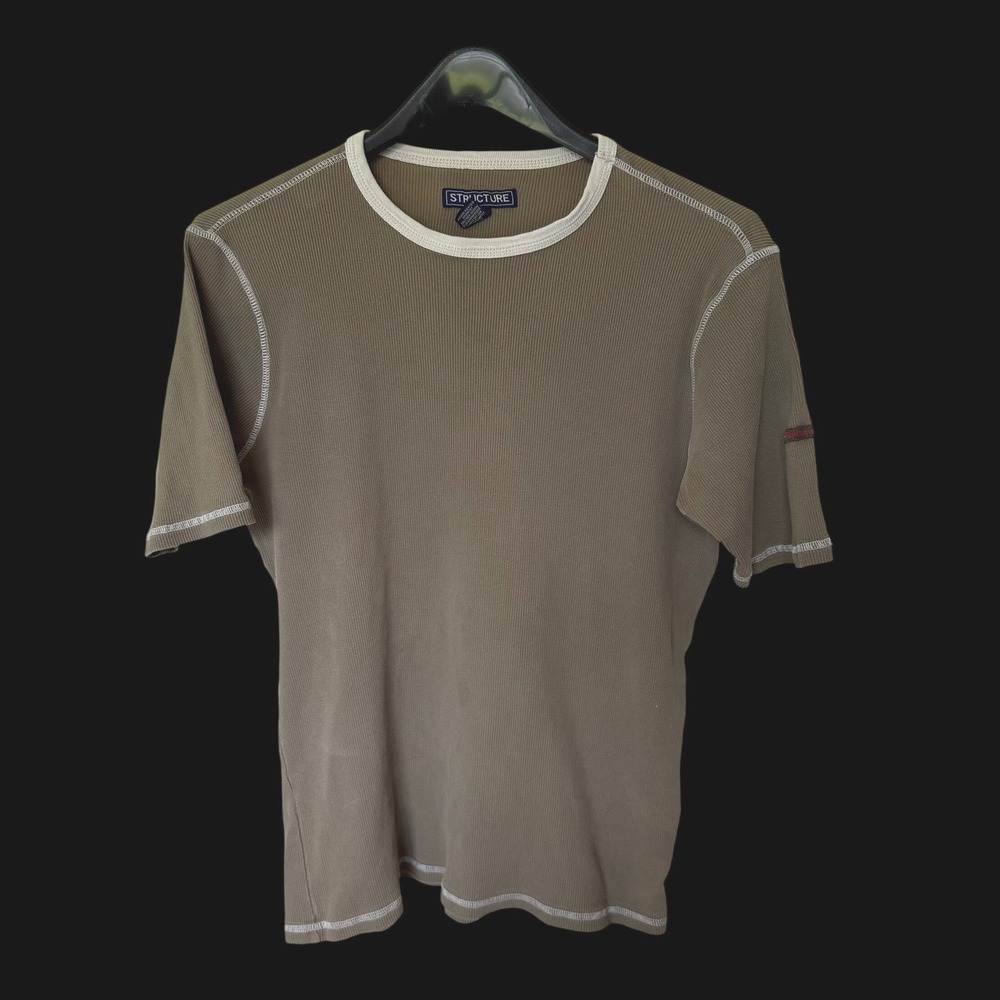 90's Structure Utility Supply‎ Ribbed Ringer T-Shirt Olive Contrast Stitch M